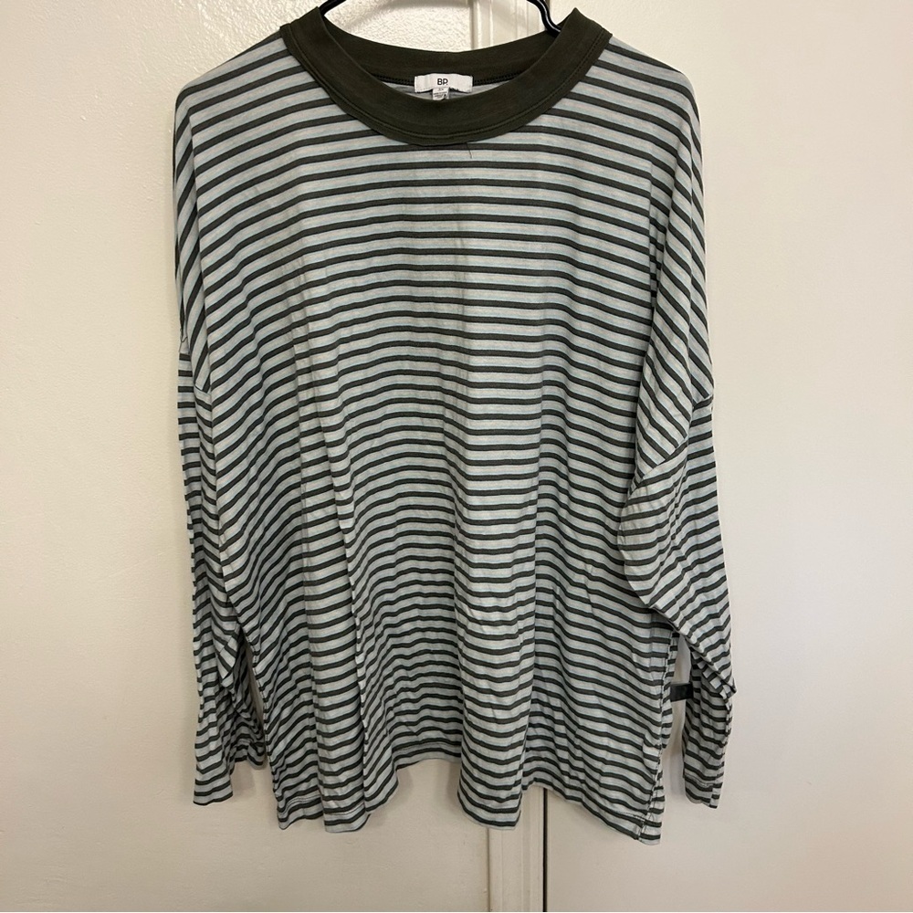 BP. Olive Green Stripe Oversized Long Sleeve Shirt 3XL Organic Cotton Pullover